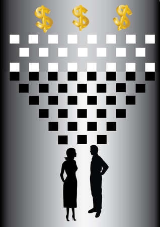 3D dollar and two business people with black and white squaresのイラスト素材