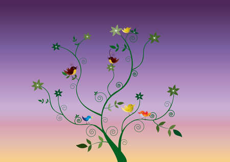 a floral design with six colored birdsのイラスト素材