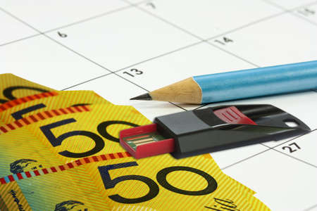 calander background with money pencil and USB