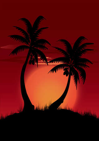 two palm tree in the evening sunsetのイラスト素材