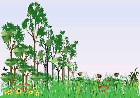 landscape scene with flowers trees and butterfliesのイラスト素材
