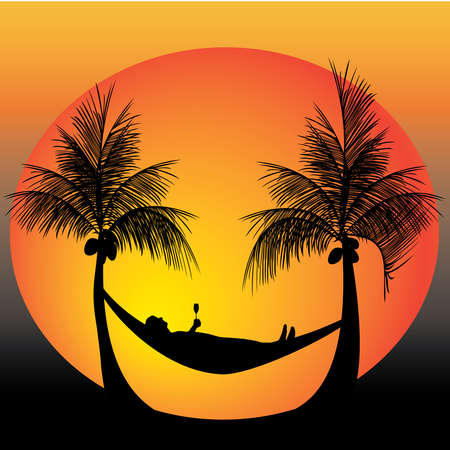 relaxing on a hammock  in between palm treesのイラスト素材