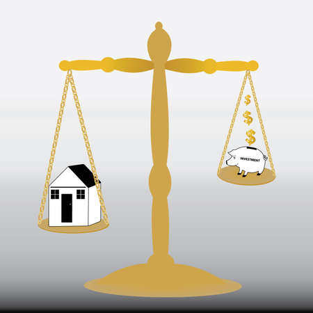 gold scales with  house on one side the other piggy and dollar signのイラスト素材