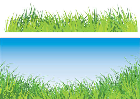 a set of two illustration of green grass one with blue skyのイラスト素材
