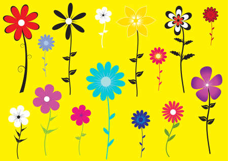 a set of colorful flower illustration on yellow backgroundのイラスト素材
