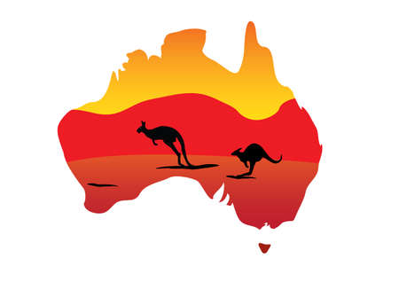Australia map and two hopping kangaroo on white backgroundの写真素材