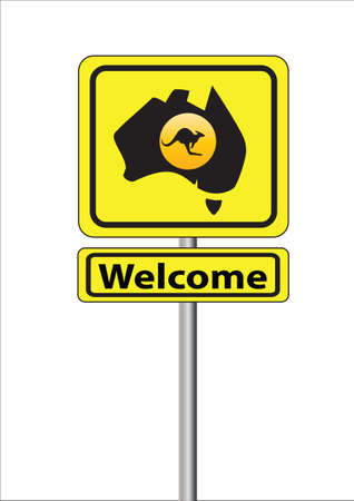 Yellow sign for Australia Welcome with a map and kangarooのイラスト素材