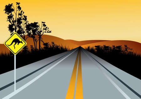 Illustration of Australian straight road with kangaroos ahead road sign, red hills and sunset sky in backgroundのイラスト素材