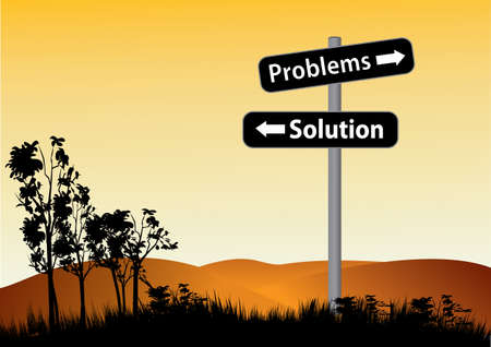 Problems or solution choise road sign pillar against sunset sky over hills. Illustration with copy spaceのイラスト素材