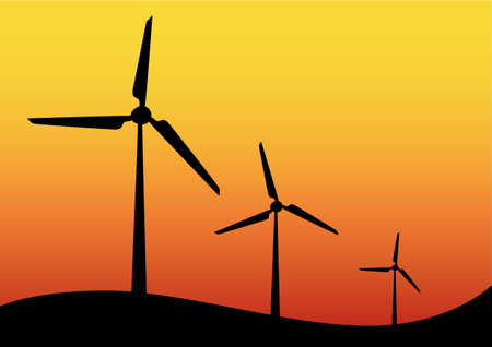 Wind turbine icons on hilltop against a colorful orange sunset sky in a concept of renewable sustainable electricity from conversion of kinetic energy, vector illustration.のイラスト素材