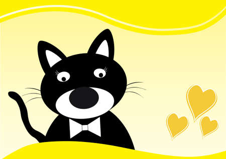 Valentines card design with cute black cat with bow tie yellow border and copy spaceの写真素材