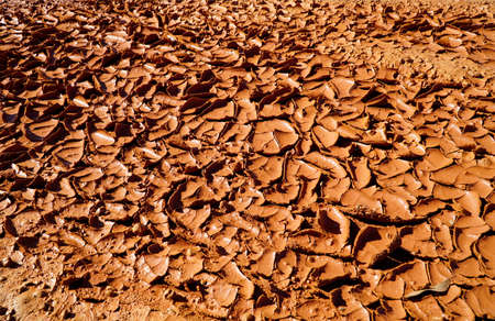 close up of orange dry cracked and peeling ground surface in extremely dry weatherの写真素材
