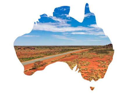 Australia map with outback country view inserted on white backgroundの写真素材