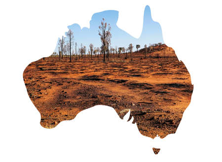 Outline map of Australia with outback country view inserted on white backgroundの写真素材
