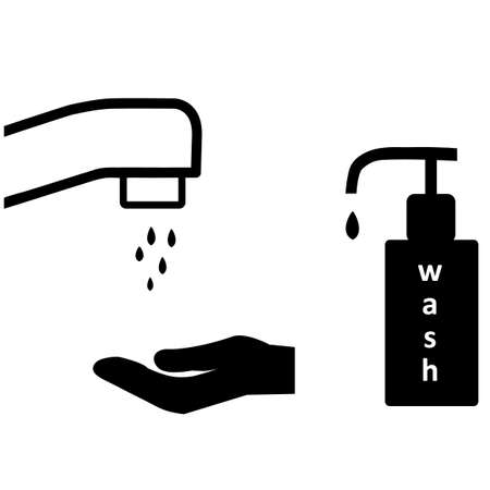 tap with hand and wash bottle in silhouette with white backgroundのイラスト素材