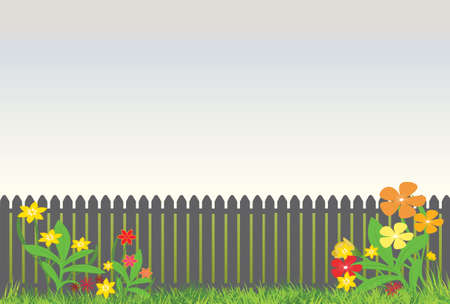 grey garden fence with pretty bright flowers in the frontのイラスト素材