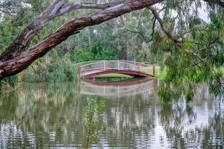 View of the lake and bridge at Forbes in central New South Wales, Australiaの写真素材