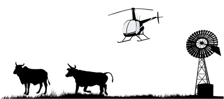 mustering time by helicopter in outback Australia. cows windmill and helicopterのイラスト素材
