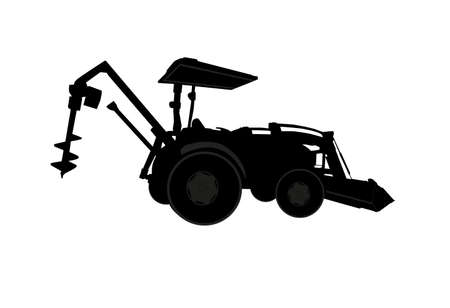 silhouette of tractor on white background with auger attached for digging post holes in the soil