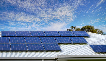home solar panels on the roof of a house and sky background