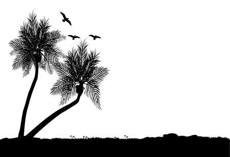 two silhouette of coconut trees with flowers and grass and a few birds flyingのイラスト素材