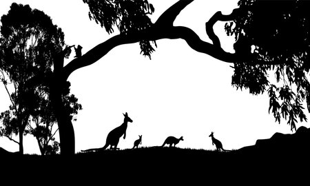 silhouette of kangaroos with a large gum tree and a koala sitting in the treeのイラスト素材