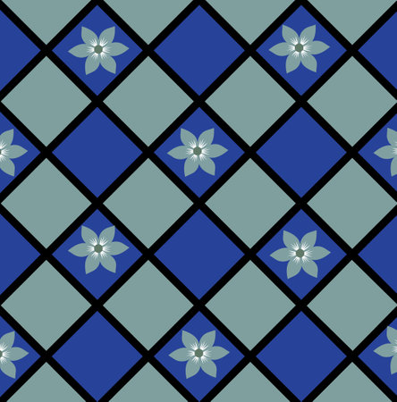 diamond shape squares in classic blue and bright blue with black lines and daisy flowersのイラスト素材