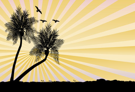 two silhouette of coconut trees with flowers and grass and a few birds flying in the sunsetのイラスト素材