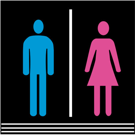 Men and Lady restroom sign white silhouette with pink and blue background. Vectorのイラスト素材
