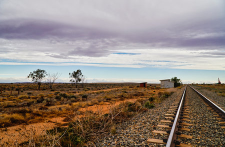 Beautiful Sunrise over a Vast Outback of Australia with Railroad Tracksの写真素材