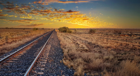 Peaceful sunrise over a vast open field with railroad tracks.の写真素材