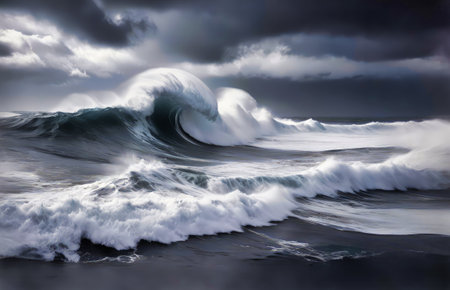 Stormy ocean waves, beautiful seascape, big powerful waves in action, storm weather, forces of nature.の写真素材