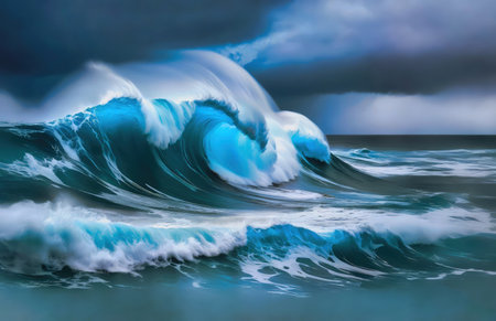 rough seas and turbulent waves crashing against each other after an earthquakeの写真素材