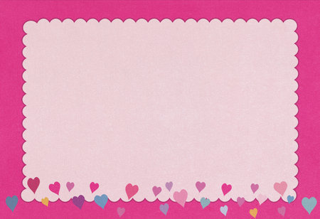 Scalloped rectangle edge paper frame with hearts. Center for writing notesの写真素材