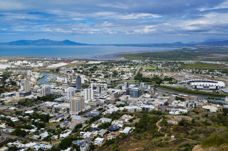 Castle Hill is the giant granite monolith that stands proud in the centre of Townsville. Views of the city from Castle Rock.の写真素材