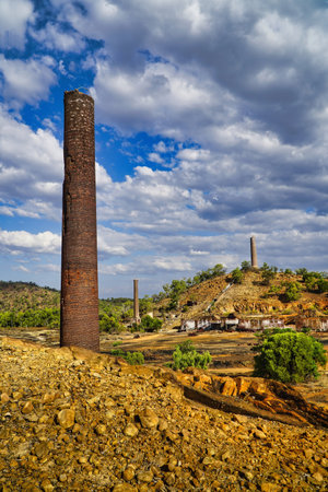 Ruins of the smelters at Chillagoe, Queensland, Australia with remaining brick chimneys.の写真素材