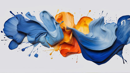 Blue orange and white paint splash. Liquid blue shades with orange paint. AI Generatedの写真素材