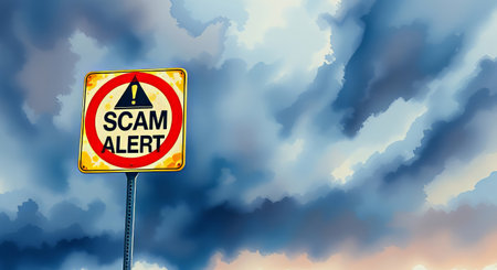 a scam alert sign warning against a stormy sky, vibrant colors, translucent washes, and fluid brushstrokes, A I Generatedの写真素材