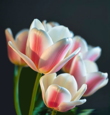bright colored tulip flowers bouquet on a dark background. Upright and AI Generatedの写真素材