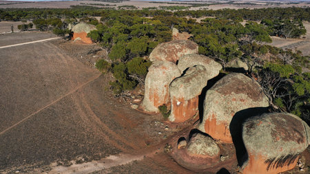 Aerial view of Murphy's Haystacks are inselberg rock formations located at Mortana, between Streaky Bay and Port Kenny on the Eyre Peninsula in South Australia.の写真素材