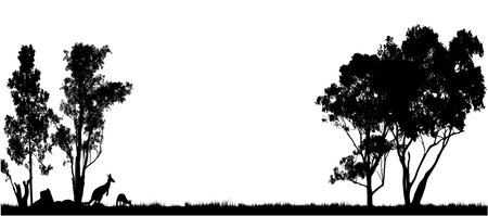 Various shapes of black silhouettes of Australian gum trees against a white background.の写真素材