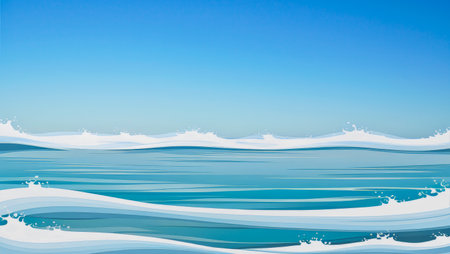 The gentle waves against a backdrop of clear blue skies.の写真素材