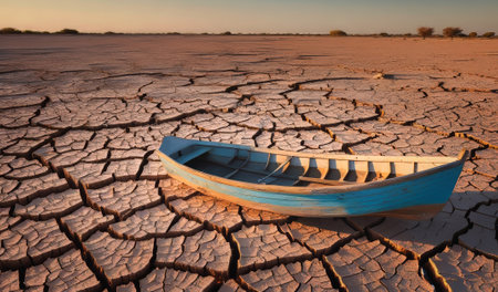 single old wooden boat stranded in the dry ocean bed. impact of global warming. AI Generatedの写真素材
