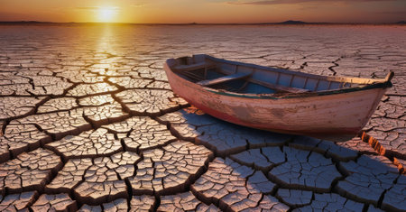 single boat stranded in the dry ocean bed. impact of global warming. AI Generatedの写真素材
