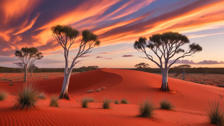 A vibrant Australian outback scene set in the Golden Hour, with sand dunes and dotted with spinifex grass and eucalyptus treesの写真素材