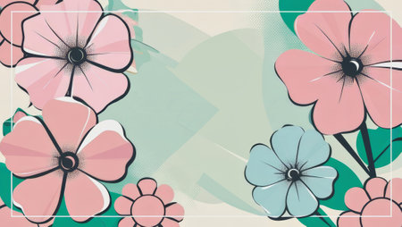 Floral art design frame with pink and blue flowers with a soft green background. With copy-space centerの写真素材
