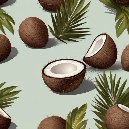 Close-up of a freshly cut coconut still in its shell, with vibrant green leaves in the background.の写真素材