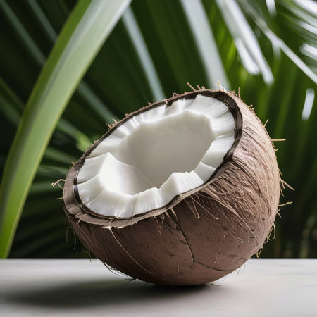 Close-up of a single freshly cut coconut still in its shell, with vibrant green leaves in the background.の写真素材