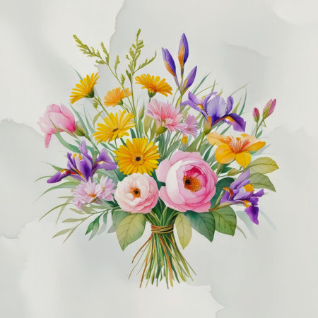 Water color of Tropical spring flora flowers, bouquet for wedding thank you card. Iris gerberaの写真素材