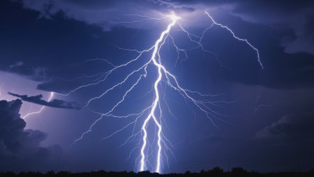 awe-inspiring power of nature , a lightning strike captured in the midst of a raging thunderstorm.の写真素材